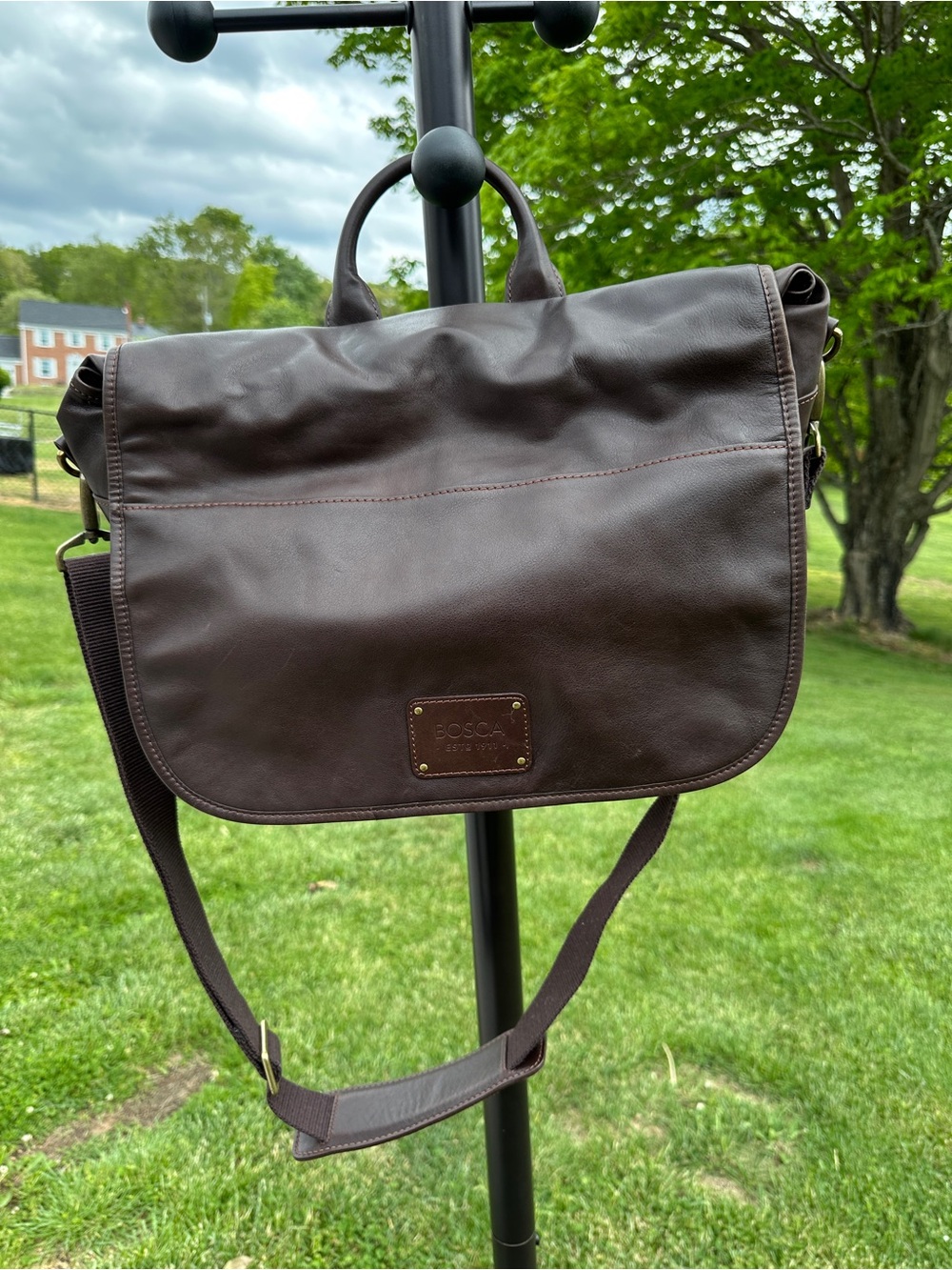 Bosca Dark Brown Leather Messenger Bag with Adjustable Strap
